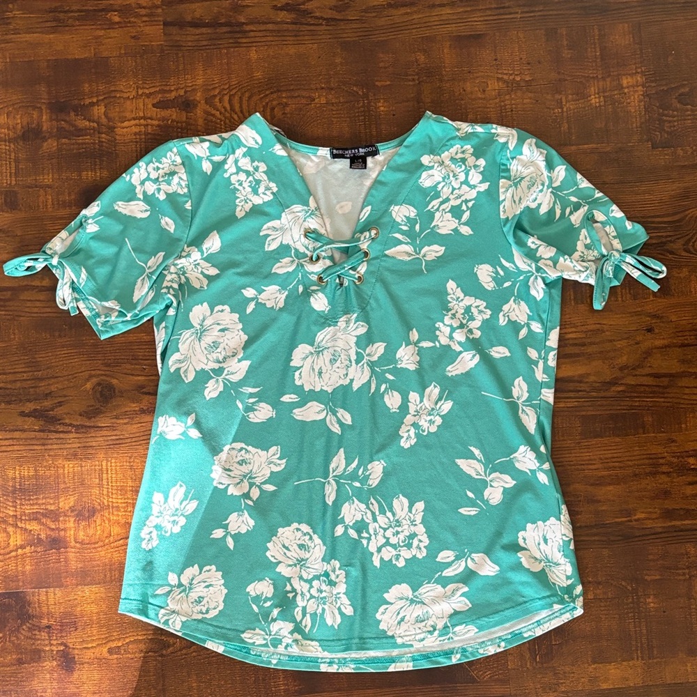Floral Teal Green Blouse with Lace-Up Detail